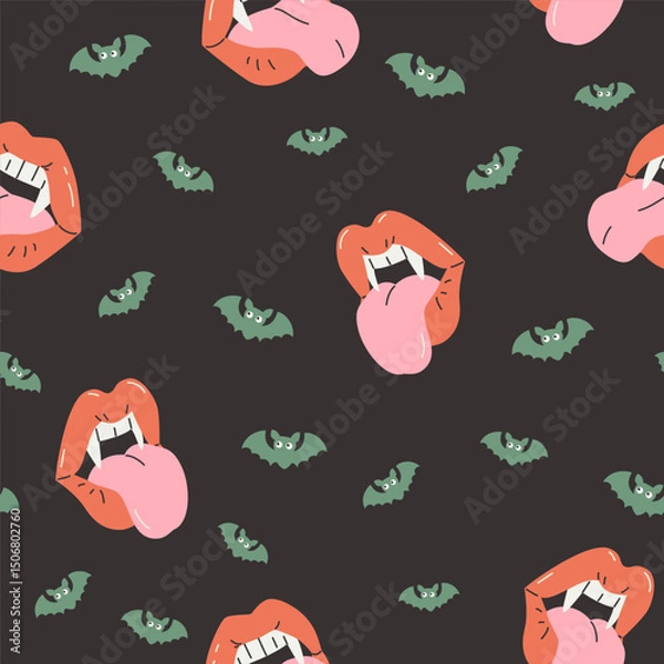 Obraz Cute bat, vampire lips seamless pattern. Happy Halloween party print: flying bat silhouettes, witch lips kiss Vector illustration for wrapping, kids fabric, holiday decoration, textile, backgrounds