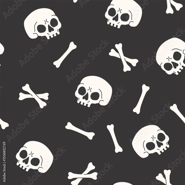Obraz Cartoon funny skulls with bones, crossbones seamless pattern. Skull and bone background. Vector illustration. Spooky creepy Halloween concept for textile fabric design in modern fashion style