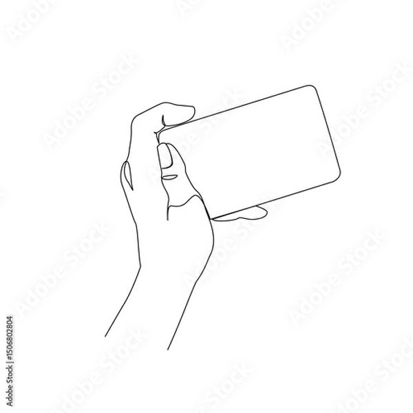 Fototapeta Hand hold mobile smartphone minimal one line drawing art isolated on white background. Smartphone surfing in Social Media, watching video continuous line art. Vector Illustration.