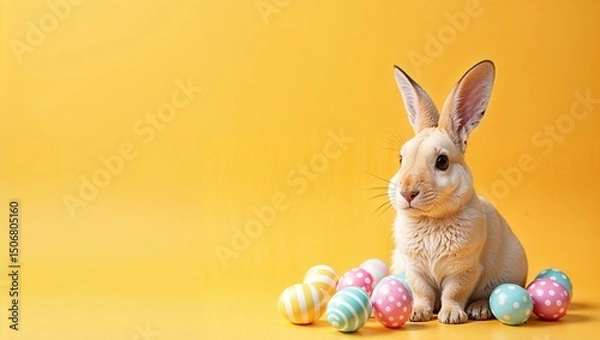 Fototapeta Cute Bunny with Colorful Easter Eggs on Orange Background – Space for Text

