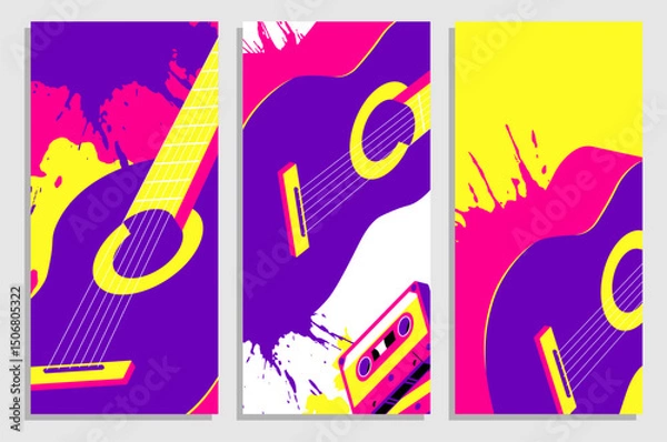 Obraz Set of vertical flyers with classical six string guitar droped with colored blots, dots of paint. Templates for party invitation, banner, brochures print. Vector