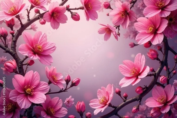 Fototapeta Intricate fuchsia blossoms & vines, elegant repeat , artwork, subtle, seamless