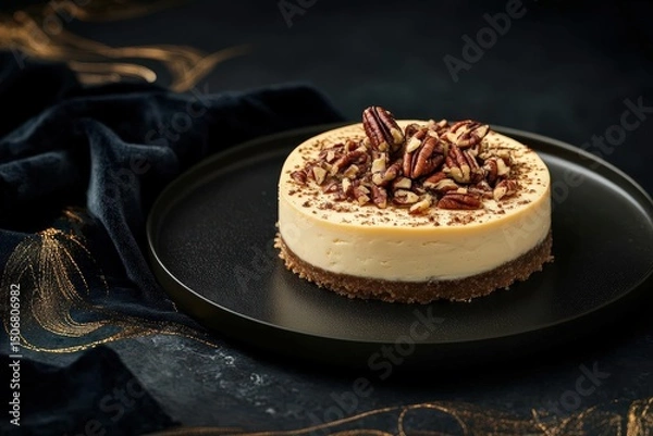 Obraz Pecan topped cheesecake on a dark plate.