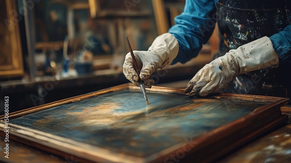 Fototapeta A professional art restorer carefully restoring an old oil painting, wearing protective gloves and using a fine brush, working in restoration studio with antique paintings in the background