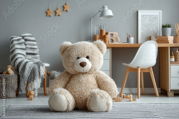 Fototapeta Modern Scandinavian playroom design featuring a cozy atmosphere with wooden accessories and playful decor