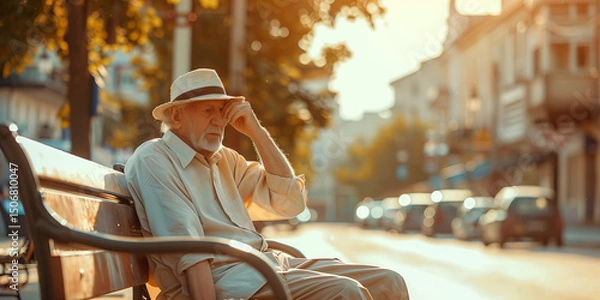 Fototapeta Old man suffering from extremely high temperature, heat stroke and dehydration on a street of a city. Heat waves, global warming and climate change concept.