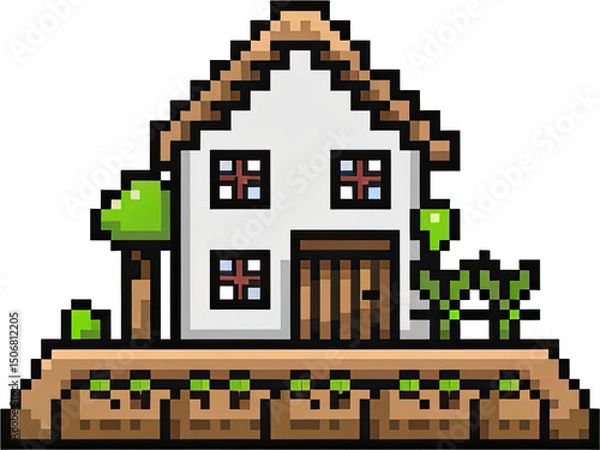 Fototapeta Pixelated cottage with small plants and a simple design.
