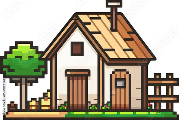 Fototapeta Pixelated illustration of a small house with a tree.