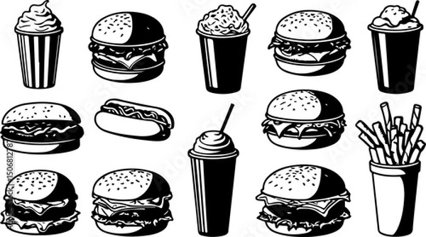 Fototapeta Monochromatic vector graphics of fast food