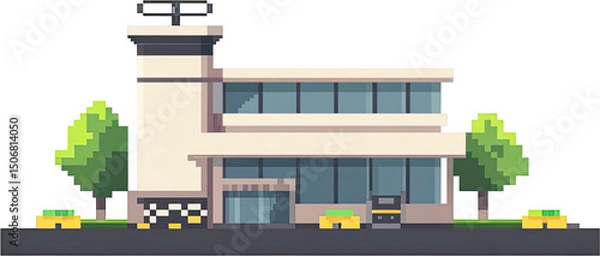 Obraz Pixel art building with trees and cars.