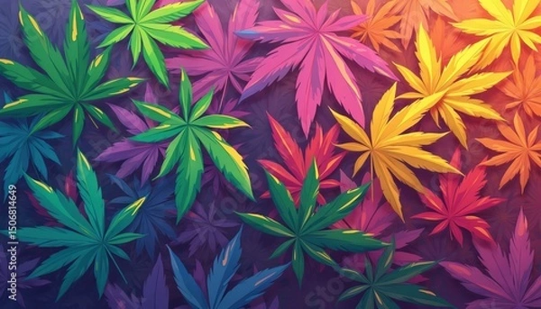 Fototapeta Illustration vibrant abstract background with many overlapping cannabis leaves in green, purple, yellow colors. Layered dimensional effect with leaves pattern. Trendy graphic art. Suitable for