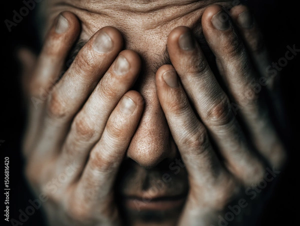 Fototapeta Expression of despair from a man covering his face with his hands