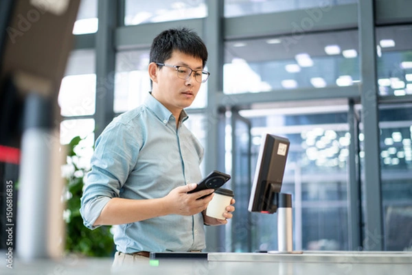 Fototapeta asian businessman Pass through the automatic turnstile using facial recognition