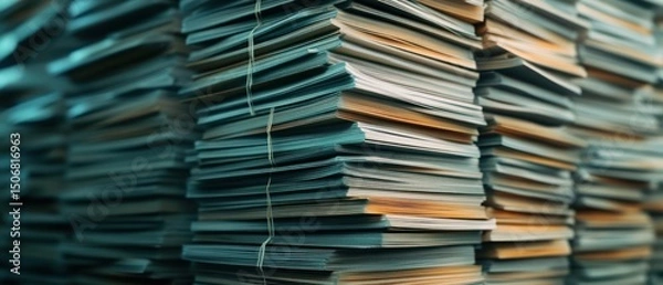 Obraz A Massive Stack of Papers, Documents, and Files in a Warehouse or Archive
