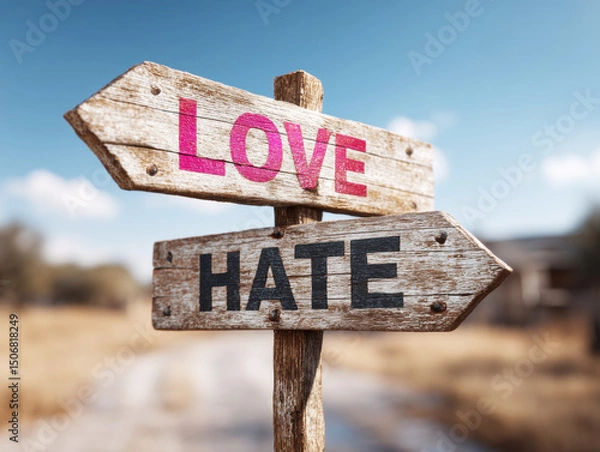 Fototapeta Signpost showing directions for love and hate in a rural landscape