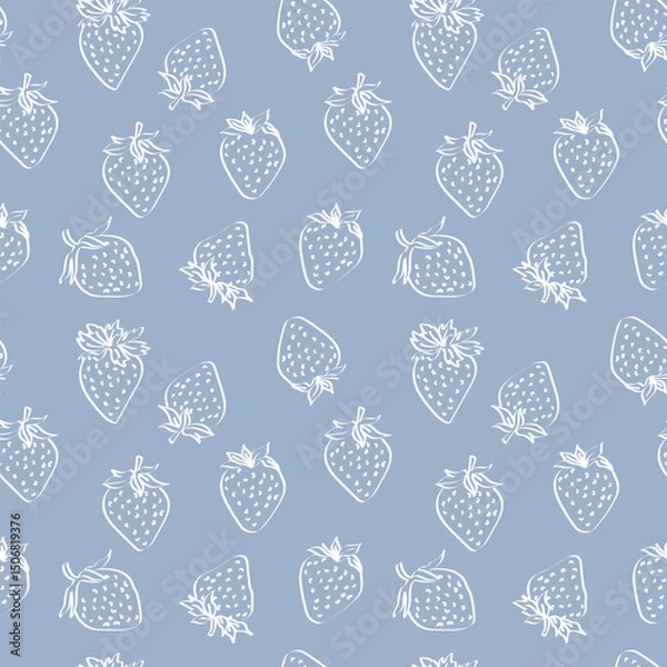 Fototapeta Vector seamless pattern with strawberry. Cute colorful spring, summer pattern for fabric, wrapping paper, clothes. Blue background