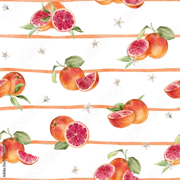 Fototapeta Seamless pattern with watercolor illustration of grapefruit with white flowers on isolated striped background. Hand painted print with grapefruit branch with green leaves. Citrus fruits for textile