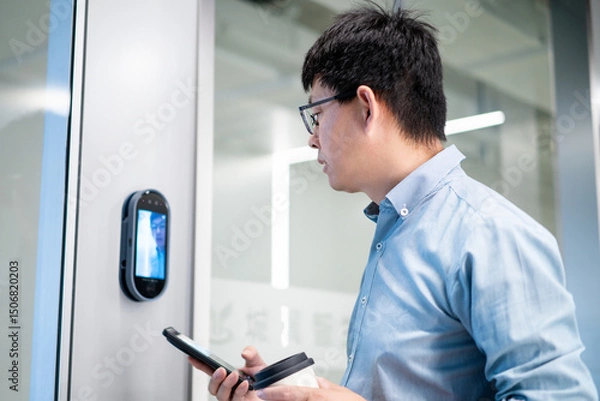 Fototapeta Unlock the smart door lock using facial recognition.