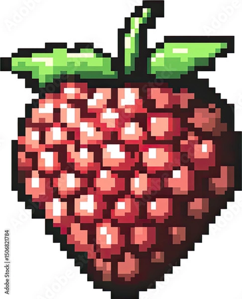 Obraz Pixelated raspberry with green leaves.