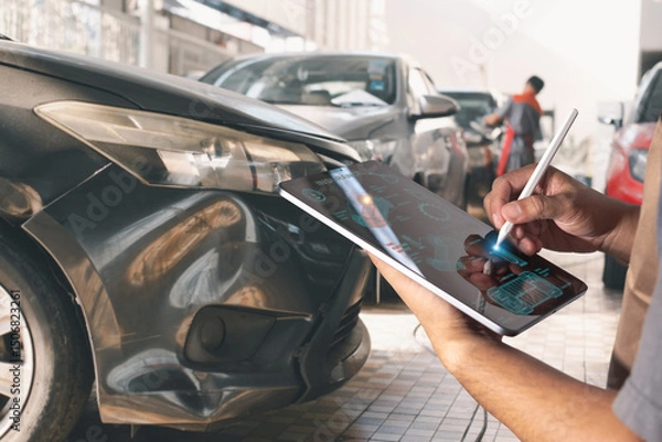 Fototapeta Technician evaluates vehicle damage using a digital tablet at an auto repair shop, likely for insurance or repair documentation.
