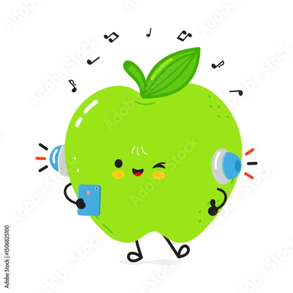 Obraz A happy Apple cartoon character enjoying music and holding his phone in his hand.