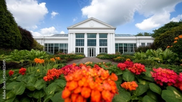 Fototapeta The Peoples Palace and Winter Gardens Surrounded by Vibrant Blooms and Expansive Greenery in a Clear Sky