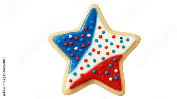 Fototapeta Patriotic Star-Shaped Sugar Cookie with Red, White, and Blue Icing and Sprinkles – 4th of July Treat (Isolated Transparent Background)

