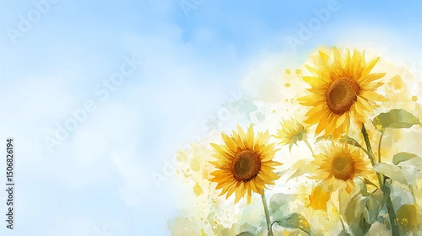 Fototapeta 青空とひまわりのイラストgenerative ai
