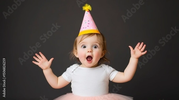 Obraz Joyful Toddler in Sparkly Tutu and Party Hat, Celebrating with Excitement and Happiness