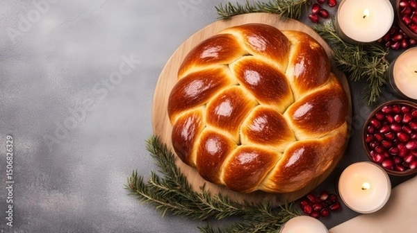 Obraz Traditional Round Braided Challah Bread Surrounded by Candles and Decorative Elements for Festive Occasion
