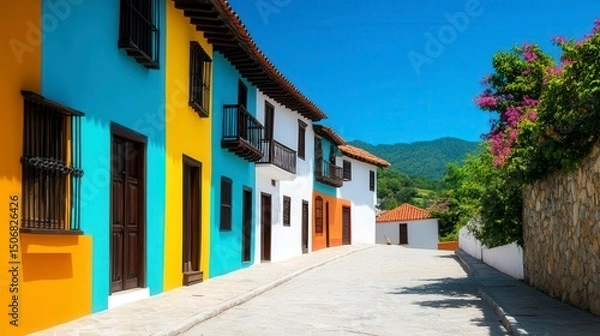 Obraz Colorful Street Lined with Unique Buildings in Diverse Styles Under Clear Blue Sky
