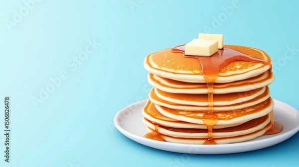 Obraz Stack of Fluffy American Pancakes with Maple Syrup and Butter on a Light Blue Background