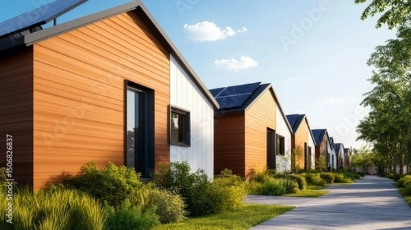 Obraz Eco-Friendly Homes Equipped with Solar Panels in a Scenic Modern Neighborhood