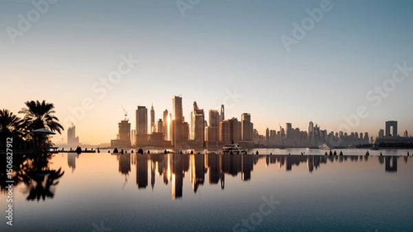 Obraz the skyline of the reflected dubai marina during sunrise