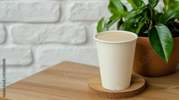 Obraz Cozy Café Scene Featuring Plant and Milk-Based Drink in Minimalistic Setting