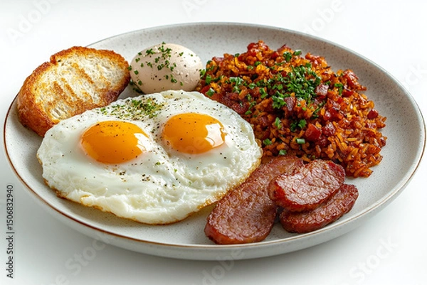 Obraz Delicious Breakfast Plate Featuring SunnySide Up Eggs, Fried Rice, Toast, and Sausage on White Background