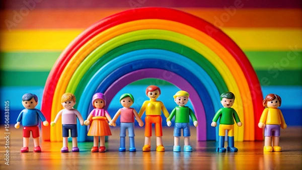 Fototapeta colorful logo figures, rainbow display, playful toy, diversity representation, studio setup, positive message, modern design, vibrant colors, plastic figurines, staged arrangement, conceptual image