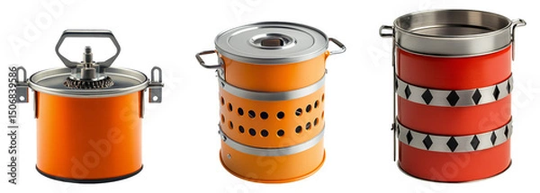 Fototapeta Three distinct cooking pots in vibrant colors on a transparent background