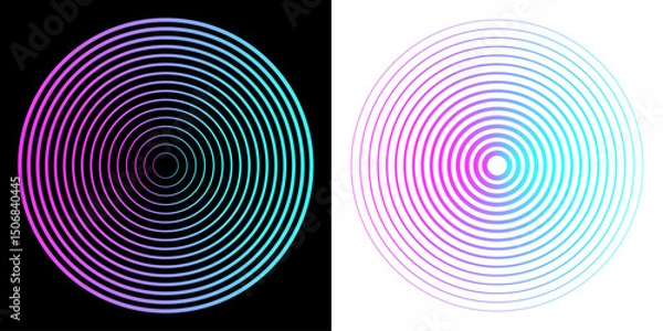 Obraz Sound wave concentric circles isolated on black and white background. Vector echo icon. Circular radial line pattern. 