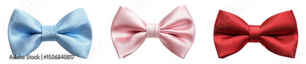 Fototapeta Three elegant satin bows in blue, pink, and red on a transparent background