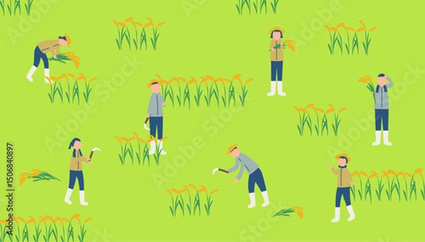 Obraz 稲刈りをする農家のイラスト