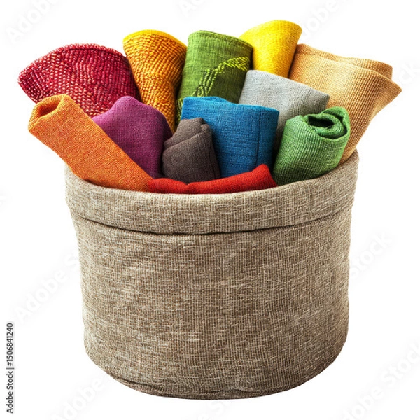 Fototapeta Colorful rolled fabrics in a woven basket on a transparent background