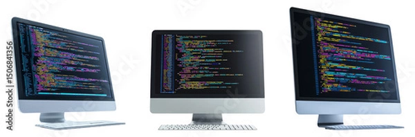 Fototapeta Three modern desktop computers displaying colorful code on screens