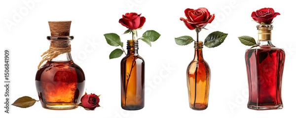 Fototapeta Isolated glass bottles with roses on a transparent background for design