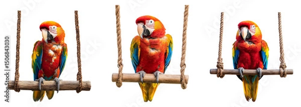 Fototapeta Colorful macaws perched on wooden swings, showcasing vibrant feathers