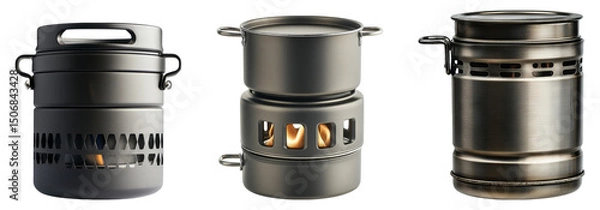 Fototapeta Three unique camping stoves isolated on a transparent background, showcasing their design and functionality