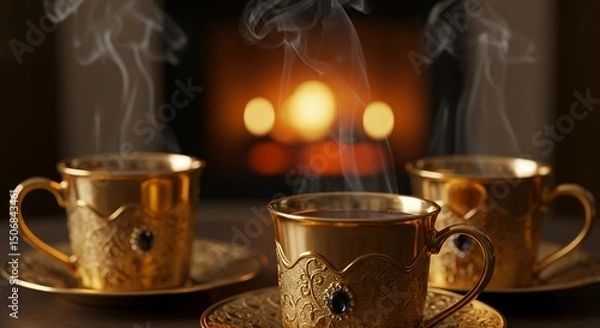 Obraz Golden cup with hot beverage in front of fireplace