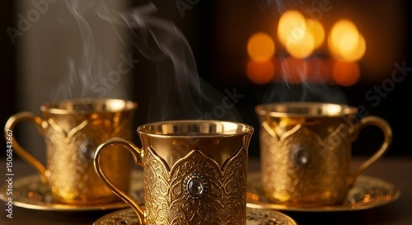 Obraz Golden cups with smoke on saucers