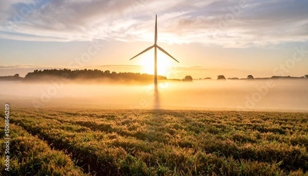 Obraz Wind turbine in a foggy field under soft sunrise light, minimalist background, peaceful atmosphere.
