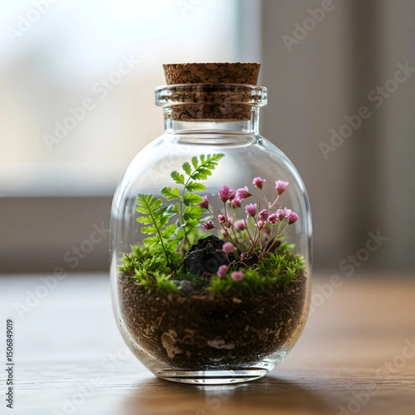 Fototapeta Miniature Botanical Terrarium in Glass Bottle: A Charming Tabletop Garden